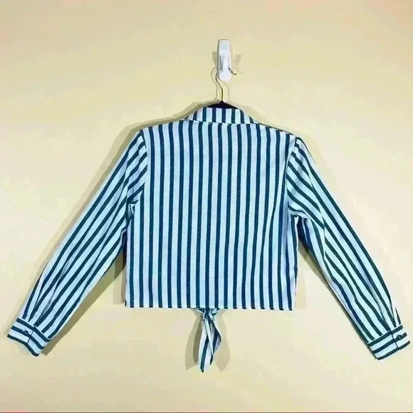 Miss Love Pinstripe Button Down Crop Top with Tie - Picture 7 of 11